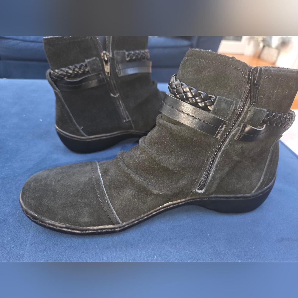 Clarks Black Suede Ankle Boots with Braided Strap